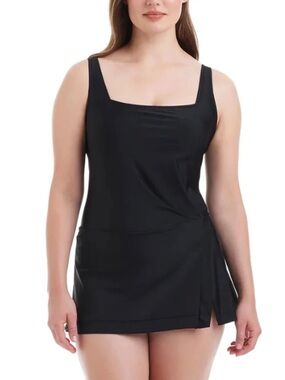 NWT- Beyond Black Square-Neck Swimdress with Skirted Hem.